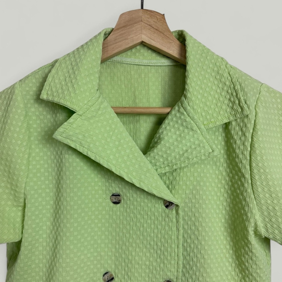 Top and Shorts Set Women Size Medium Green Short Sleeves Cropped High Waisted - Picture 7 of 11